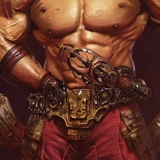 Image similar to ultra realistic illustration,, a hulking herculean dave bautista with leather armour, from doom and warhammer, intricate, elegant, highly detailed, digital painting, artstation, concept art, smooth, sharp focus, illustration, art by artgerm and greg rutkowski and alphonse mucha