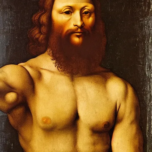 Prompt: a man with a lean body type, painting by Leonardo da Vinci