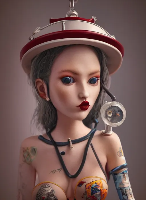 Prompt: closeup profile portrait of tin toy goth nurse, bikini, depth of field, zeiss lens, detailed, symmetrical, centered, fashion photoshoot, by nicoletta ceccoli, mark ryden, lostfish, breathtaking, 8 k resolution, extremely detailed, beautiful, establishing shot, artistic, hyperrealistic, octane render