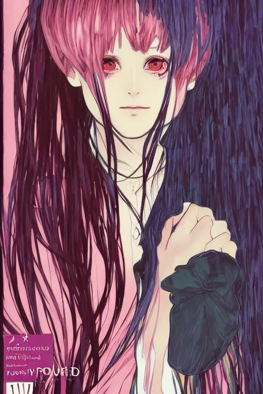 Prompt: professionally drawn shoujo mature horror mystery romance manga comic cover, beautifully drawn museum portrait coherent professional, drawn by ilya kuvshinov, gustav klimt, alphonse mucha and tsutomu nihei. japanese script kanji hiragana on the cover. simplistic minimalist stylized cover art. pink & purple & blue full color.