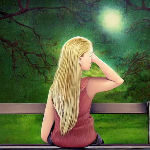 Prompt: a young woman with long blond hair sitting on a green bench with her head in her hands, digital art, deviant art