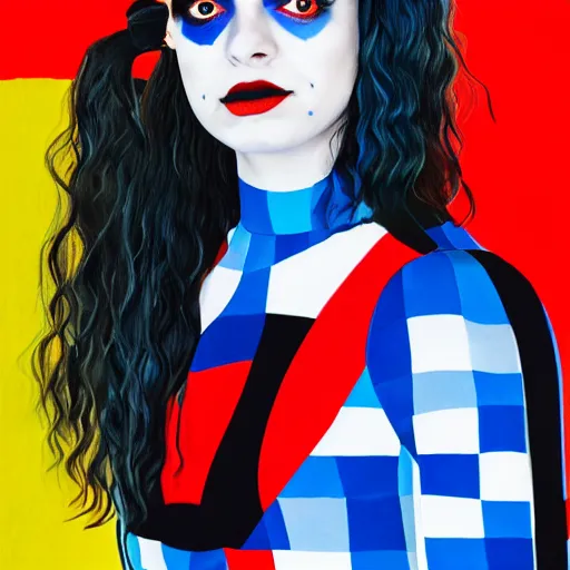 Prompt: lorde as harley quinn, dressed up in piet mondrian inspired bodysuit, official portrait, photo realistic, 4 k