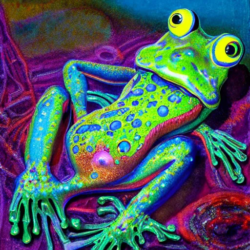 Prompt: Hyperrealistic intensely colored Studio wet collodion Photograph portrait of a deep sea psychedelic bioluminescent frog deep underwater in darkness long exposure, award-winning nature deep sea expressionistic impasto heavy brushstrokes oil painting by Fabian Marcaccio and Jean Dubuffet and Audubon vivid colors hyperrealism 8k
