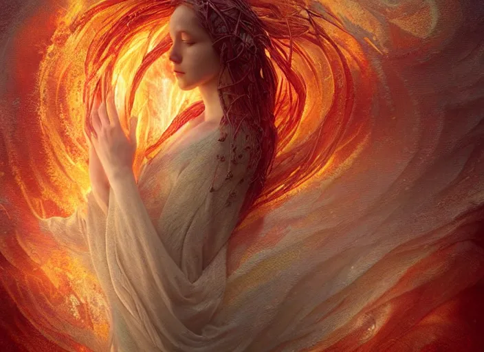 Prompt: ocean of canvas catching fire, magical, emotional, concept art, art nouveau, inspired by reylia slaby, peter gric, volumetric lighting, intricate, ornate