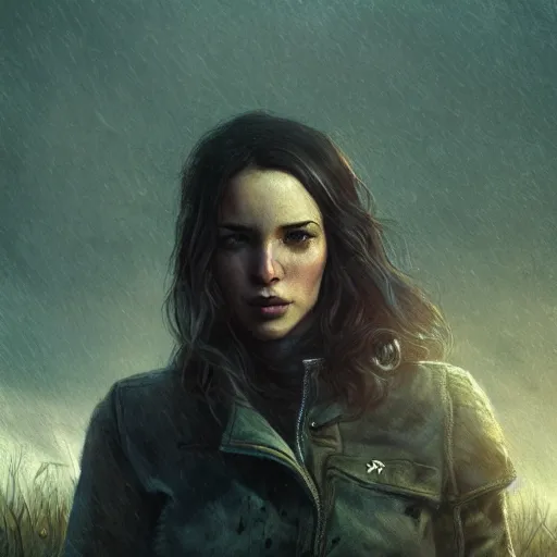 Image similar to fallout 5, charismatic beautiful rugged brunette female protagonist, portrait, outdoors foggy country road, atmospheric lighting, painted, intricate, volumetric lighting, beautiful, cold morning, overcast weather, sharp focus, deep colours, ultra detailed, by leesha hannigan, ross tran, thierry doizon, kai carpenter, ignacio fernandez rios