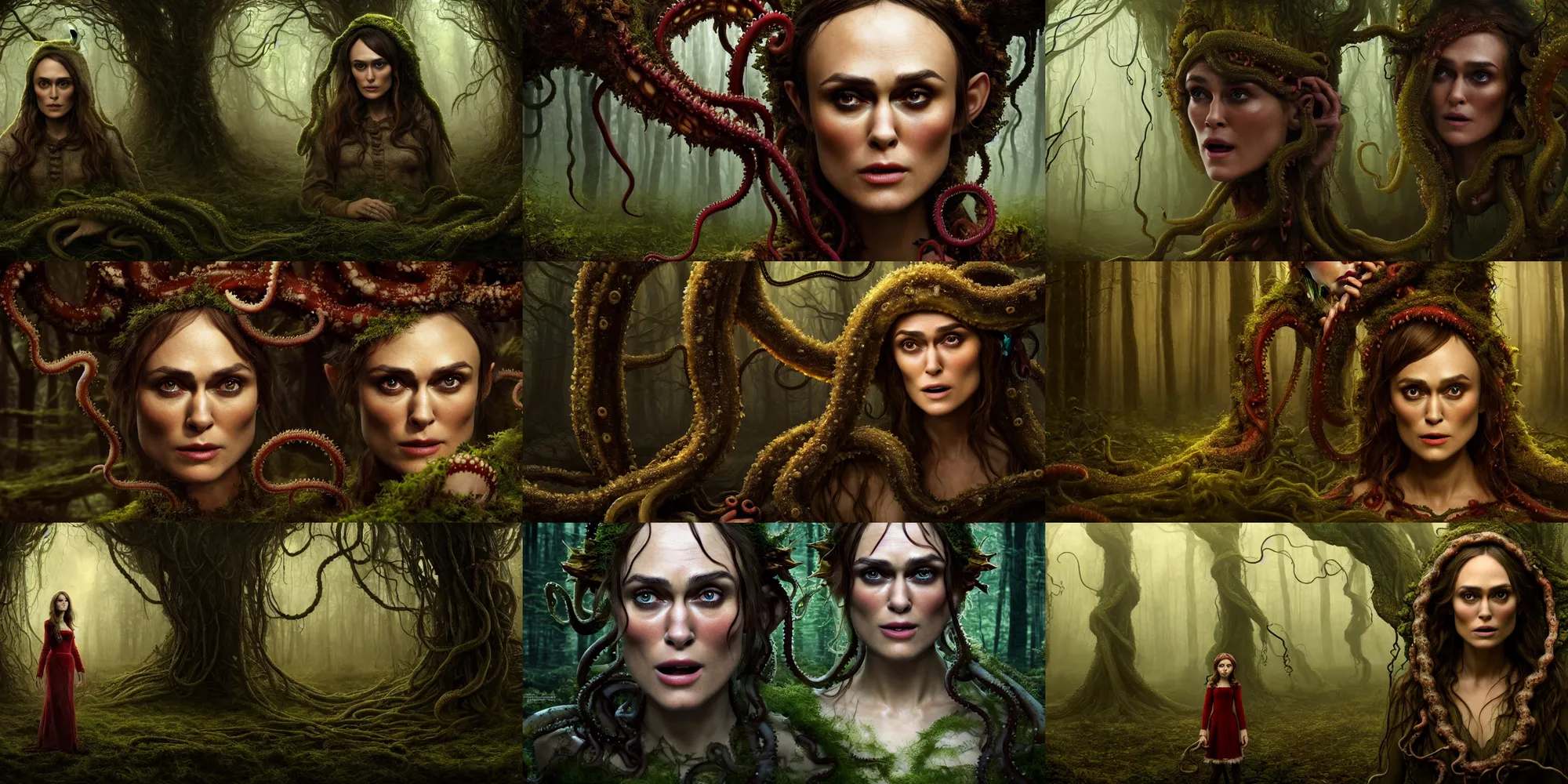 Prompt: a very high resolution matte oil painting of a cosmic horror monstrosity ( tentacles ) inside of forest with terrified elf woman ( portrait closeup keira knightly dressed as villager ) forest, extremely detailed, disturbing, cinematic, 4 k, 8 k