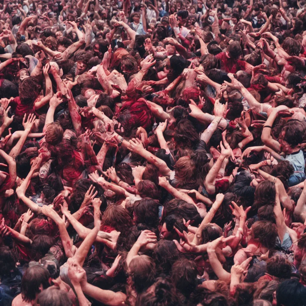 Image similar to medium close-up picture of a intense mosh pit during a 1980s rock concert with maroon red liquid being spelt all over the crowd, Cinestill 800t 18mm, heavy grainy picture, very detailed, high quality, 4k panoramic, HD criterion, dramatic lightning