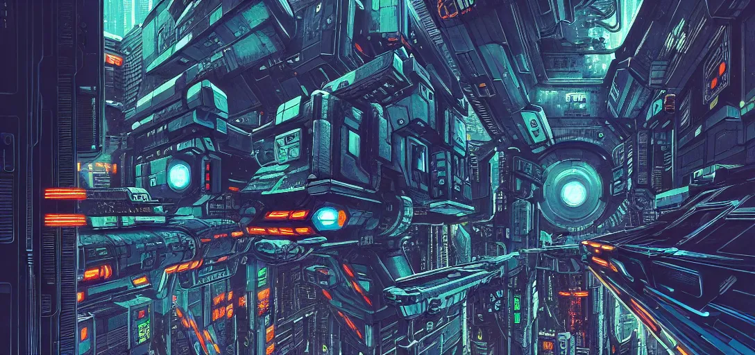 Image similar to cyberpunk mech tiled floor, aerial one point perspective, high details, line art, by vincent di fate and joe fenton, inking, screen print, masterpiece, trending on artstation, sharp,, hyper - detailed, hd, 4 k, 8 k