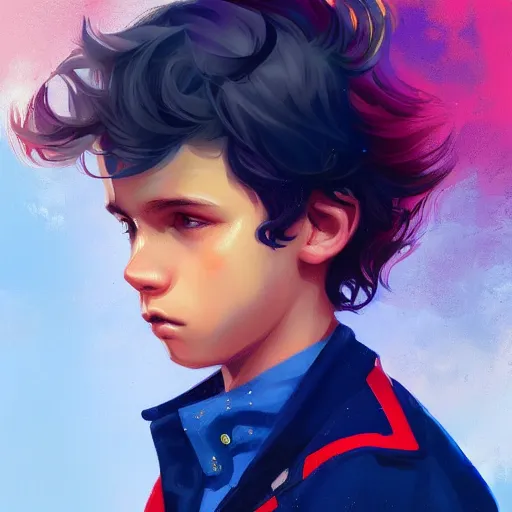 Prompt: colorful and festive captivating young boy with wavy blonde hair, navy blue jacket and blue shorts. rich vivid colors, ambient lighting, dynamic lighting, 4 k, atmospheric lighting, painted, intricate, highly detailed by charlie bowater