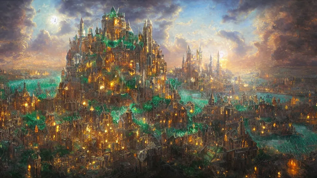 Image similar to fantasy floating city made of crystals sapphires jade and crystals, medieval, cinematic, architecture visualisation, academic painting, oil, landscaoe