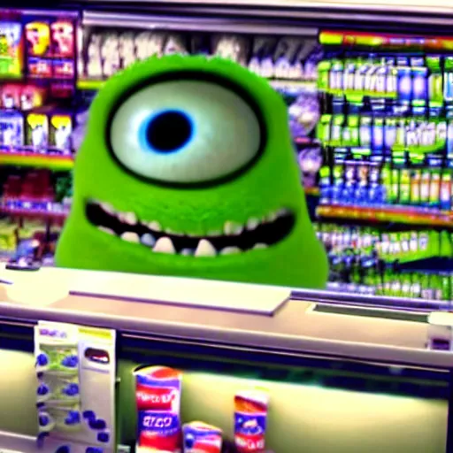 Prompt: cctv cam footage of Mike Wazowski on convenience store