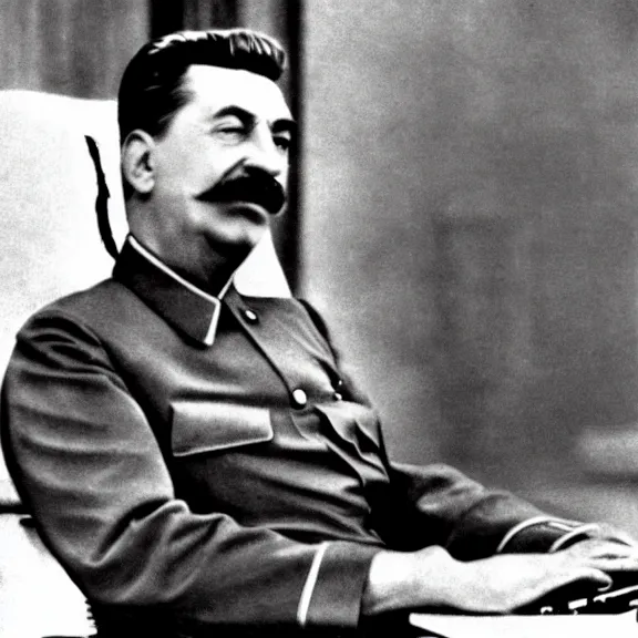 Image similar to stalin sits in front of a laptop, watching it and showing thumbs up on his left hand