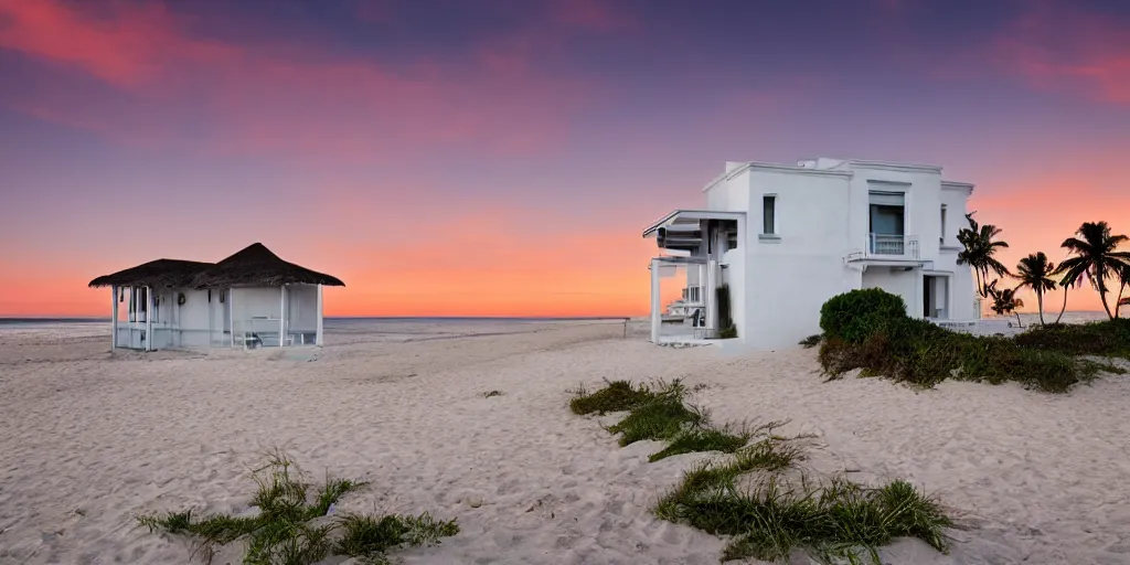 Image similar to house with white walls near the beach, sunset