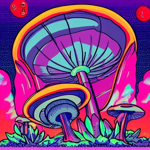 Image similar to mushrooms in the place of flying saucers, hallucinogenic, psychedelics, enhanced vision, vaporwave, future funk, japanese - inspired