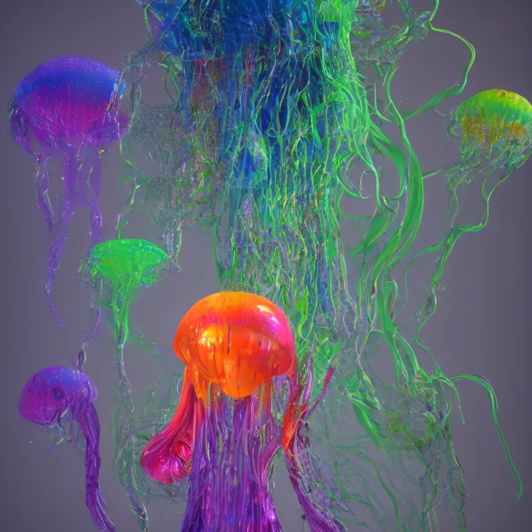 Image similar to octane render portrait by wayne barlow and carlo crivelli and glenn fabry, beautiful hypnotic colorful blobs of paint suspended in oil, strange jellyfish made out of iridescent plastic, backlit, dramatic lighting, fog and mist, cinema 4 d, ray traced lighting, very short depth of field, bokeh