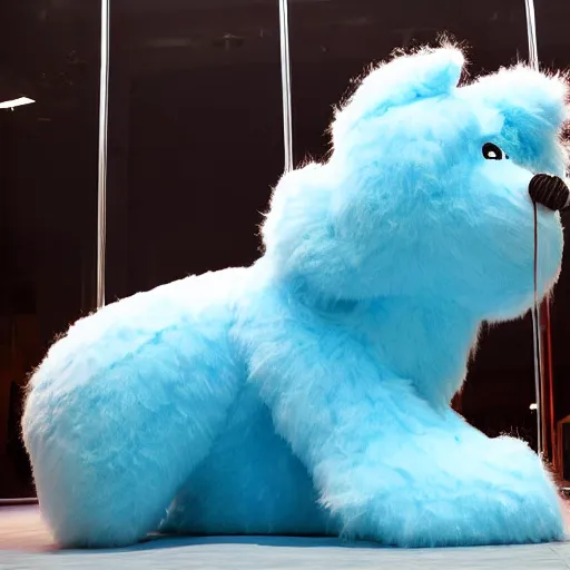 Image similar to nike fluffy monster made of very fluffy blue faux fur placed on reflective surface, professional advertising, overhead lighting, heavy detail, realistic by nate vanhook, mark miner