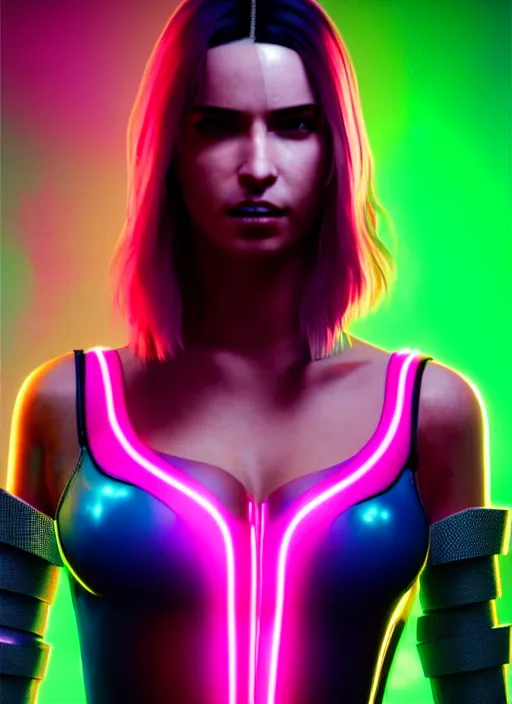 Prompt: half - body portrait of cyberpunk 2 0 7 7 young woman, frank latex costume, big breasts push up, beautiful face, face implants glowing neon, short pink hair, foggy background, extremely detailed, heavy grain, 5 0 mm bokeh, rtx reflections, unreal engine, octane render, art by artgerm and greg rutkowski and magali villeneuve