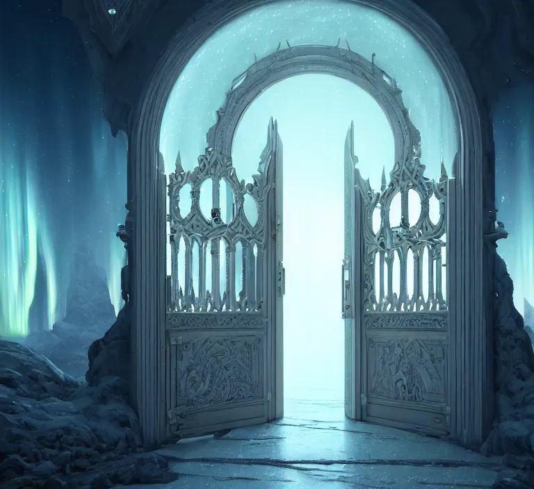 Prompt: a very detailed concept art of intricate and well designed white gates to laplandia, infused with aurora borealis by greg rutkowski, dynamic lighting trending on artstation, symmetry, digital art, 4 k, hyper realistic, octane render, sharp focus