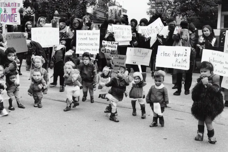 Image similar to babies protesting in front of a daycare center