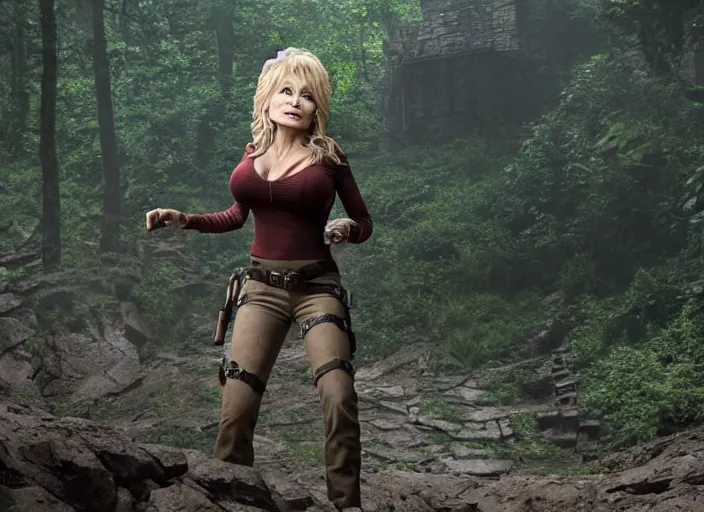 Image similar to film still of!!!! dolly parton!!! as lara croft in new tomb raider movie, 8 k