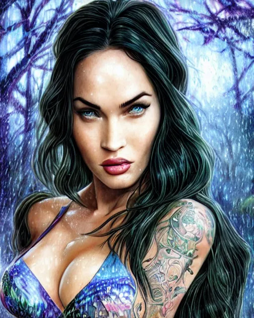 Prompt: megan fox as a beautiful tattooed female maid wearing a magical bikini in a magical forest, highly detailed and realistic face, rain drops on face, beautiful detailed eyes with a piercing gaze, fantasy art, in the style of artgerm, illustration, epic, fantasy, intricate, hyper detailed, artstation, concept art, smooth, sharp focus, ray tracing, vibrant, photorealistic