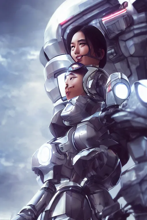 Image similar to a young attractive Asian woman piloting a mecha, dramatic pose, chrome and LEDs, highly detailed, photorealistic, volumetric lighting, digital art, octane render, in the style of Artgerm and Tom Bagshaw