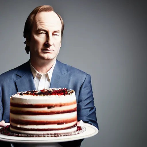 Image similar to bob odenkirk, holding a birthday cake, studio photograph, cinematic lighting