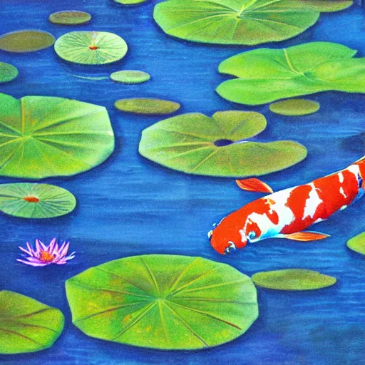 Prompt: koi pond, blue water, koi swimming, water lilies, lily pads, rain drops, water ripples, overhead view, studio ghibli style