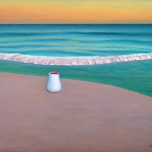 Image similar to an oil painting of a giant white styrofoam cup on the beach, the cup has red water unside of it, surrealism