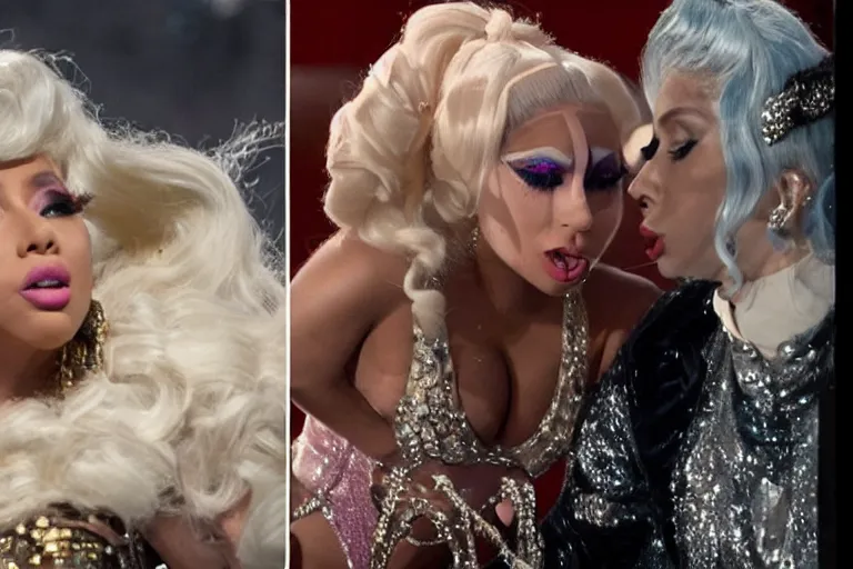 Prompt: nicki minaj and lady gaga fighting eachother on the titanic as it's sinking. 8 k. 4 k.