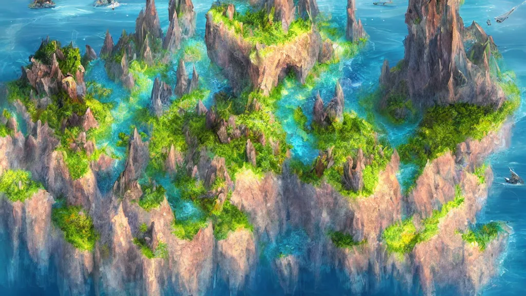 Prompt: fantasy crystal island, viewed from the ocean, high quality digital art, high detail, trending on artstation