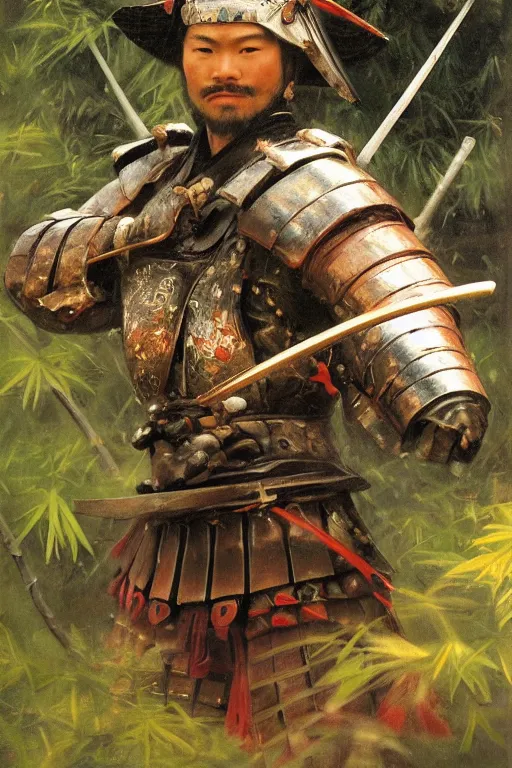 Prompt: close up of samurai warrior in full armor, in a bamboo forest, by vladimir volegov and alexander averin and delphin enjolras and daniel f. gerhartz