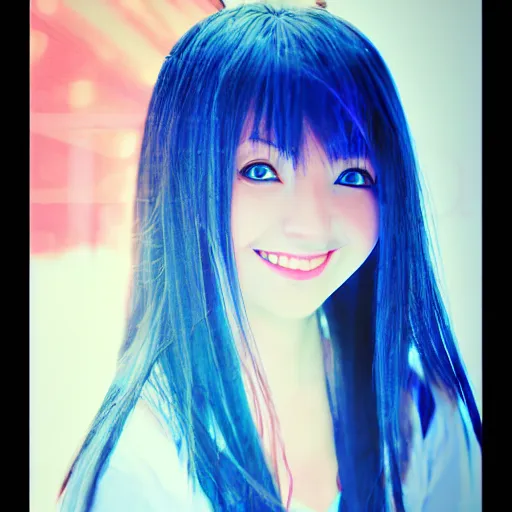 Prompt: (anime girl), blue happy eyes 24yo, studio, 35mm, soft artistic filter, annie leibowit