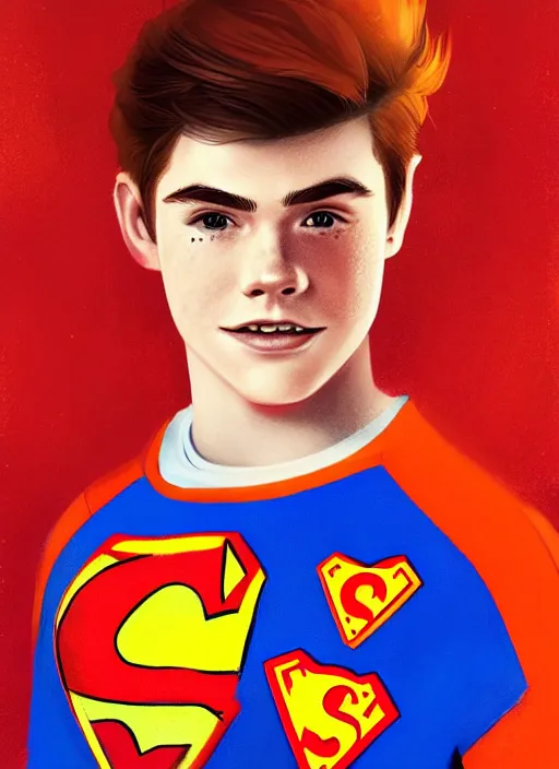 Image similar to friendly teenage archie andrews wearing an orange superhero costume with heart logo, heart, freckles, blue cape, heart emblem on chest, blue cape, intricate, elegant, glowing lights, highly detailed, digital painting, artstation, sharp focus, illustration, art by wlop, mars ravelo and greg rutkowski