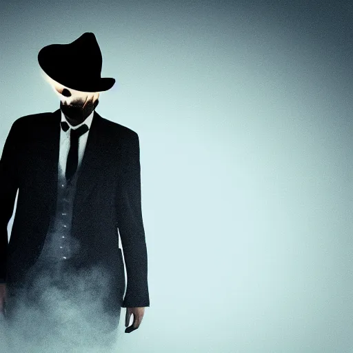 Image similar to mysterious man in black suit and black hat, he has a pistol, smoke, fog, mysterious, 4 k, highly detailed, digital art, strong shadows, high contrast, epic scene, atmospheric, blue colours, surrounded by dark shadows on the wall