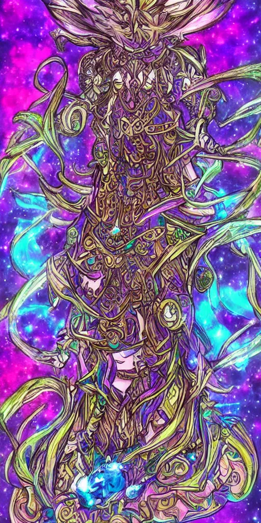 Image similar to a mage from final fantasy 14, intricate, amazing line work, cosmic, psychedelic, cheerful, colorful