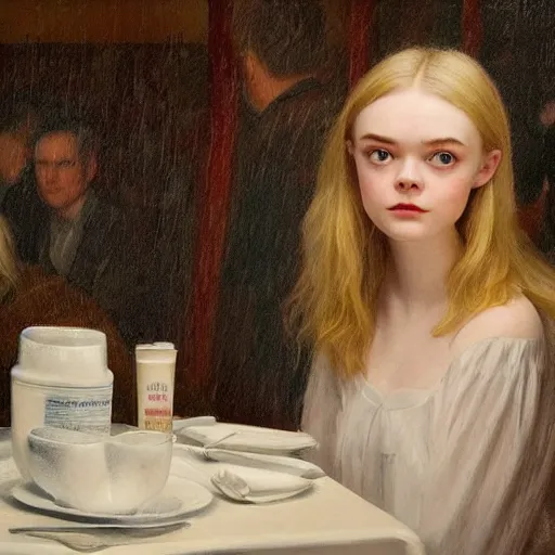 Image similar to Elle Fanning at a diner, head and shoulders portrait, stormy weather, extremely detailed masterpiece, Roger Deakin’s cinematography, oil on canvas, Johannes Vormeer,