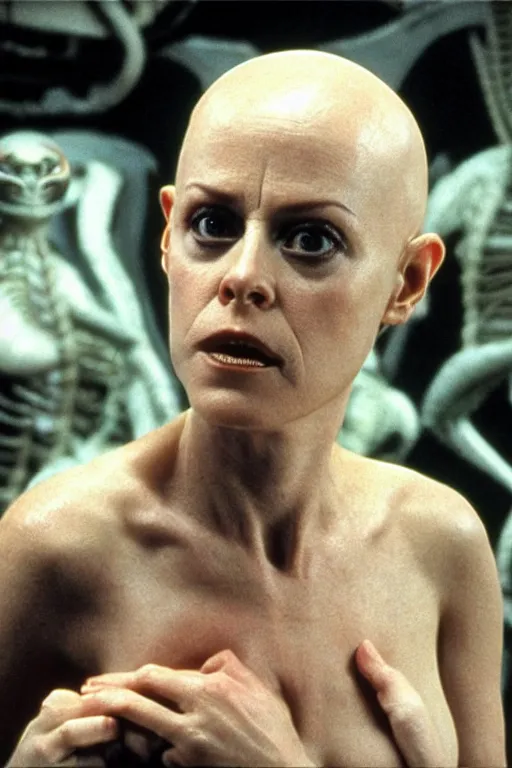 Prompt: bald sigourney weaver as ellen riplay from alien 3, dramatic stare, hyperrealistic, cinematic lighting, xenomorph behind her