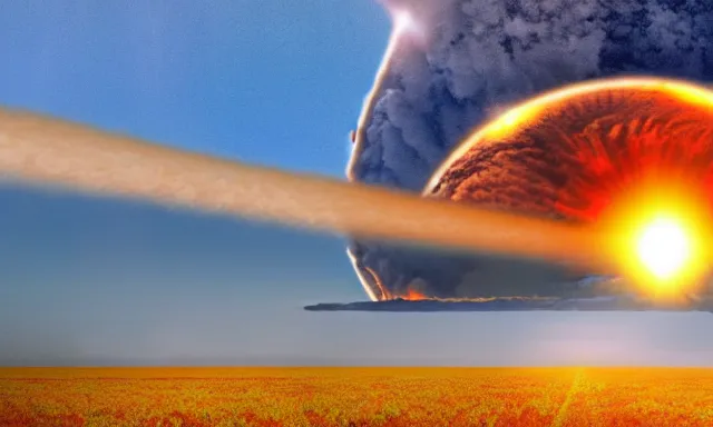 Prompt: nuclear explosion, few sun rays, wallpaper, award winning photo, hd, high detailed