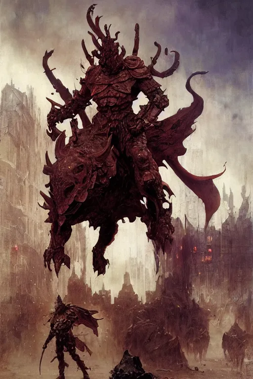 Image similar to huge bipedal hell demon with bulbous torso and flaming head wearing armour walks down city street, painted by ruan jia, raymond swanland, lawrence alma tadema, zdzislaw beksinski, norman rockwell, jack kirby, tom lovell, alex malveda, greg staples