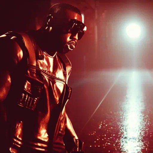 Image similar to Kanye West as Duke Nukem, splash art, movie still, cinematic lighting, dramatic, octane render, long lens, shallow depth of field, bokeh, anamorphic lens flare, 8k, hyper detailed, 35mm film grain