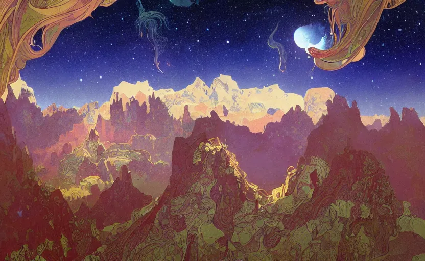 Prompt: mountains, stars and paisley filled sky, artstation, intricate, highly detailed, digital painting, concept art, sharp focus, illustration by Roger Dean and Alphonse Mucha