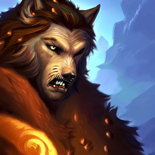 Image similar to a portrait of a man turning into a 1% partial werewolf, fantasy digital art, in the style of hearthstone artwork