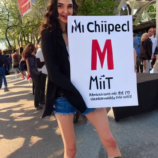 Image similar to Gal Gadot holding a sign that says M I T C H I E P O O !!!! as painted by Ralph Horsley