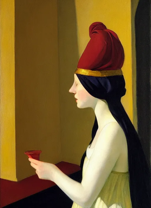 Image similar to portrait of young woman in renaissance dress and renaissance headdress, art by edward hopper