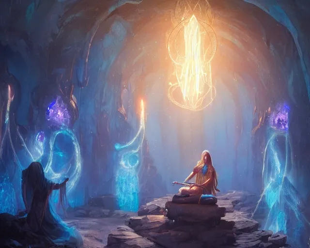 Image similar to blue haired female god casting a spell using sigils, flowing robes, cave with glowing crystals, fantasy, dramatic lighting, detailed painting, greg rutkowski, 8 k,