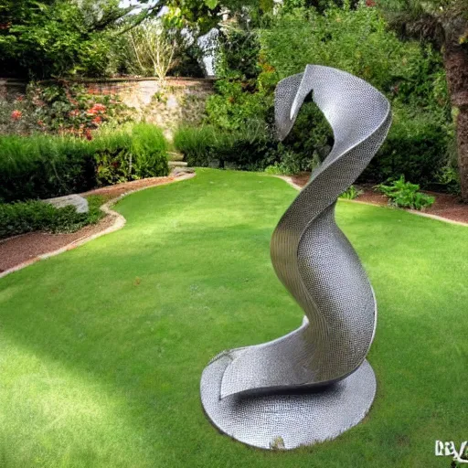 Prompt: A liquid metal sculpture in the middle of a luscious garden