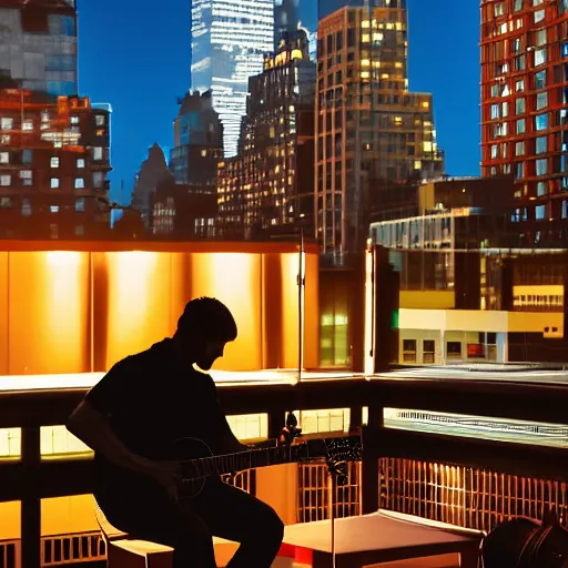 Prompt: a silhouette of a man playing guitar on the roof of a outdoor patio, in new york city, midnight, cinematic shot, cinematic lighting, 8k, nvidia raytracing demo, glow