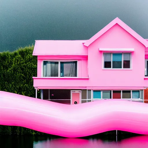 Image similar to a 5 0 mm lens photograph of a cute pink floating modern house, floating in the air between clouds, inspired by the movie up, held up from above by a heart - shaped ballon. mist, playful composition canon, nikon, award winning, photo of the year