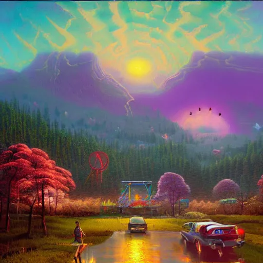 Prompt: psychedelic masterpiece by Simon Stålenhag Thomas Kinkade, oil on canvas